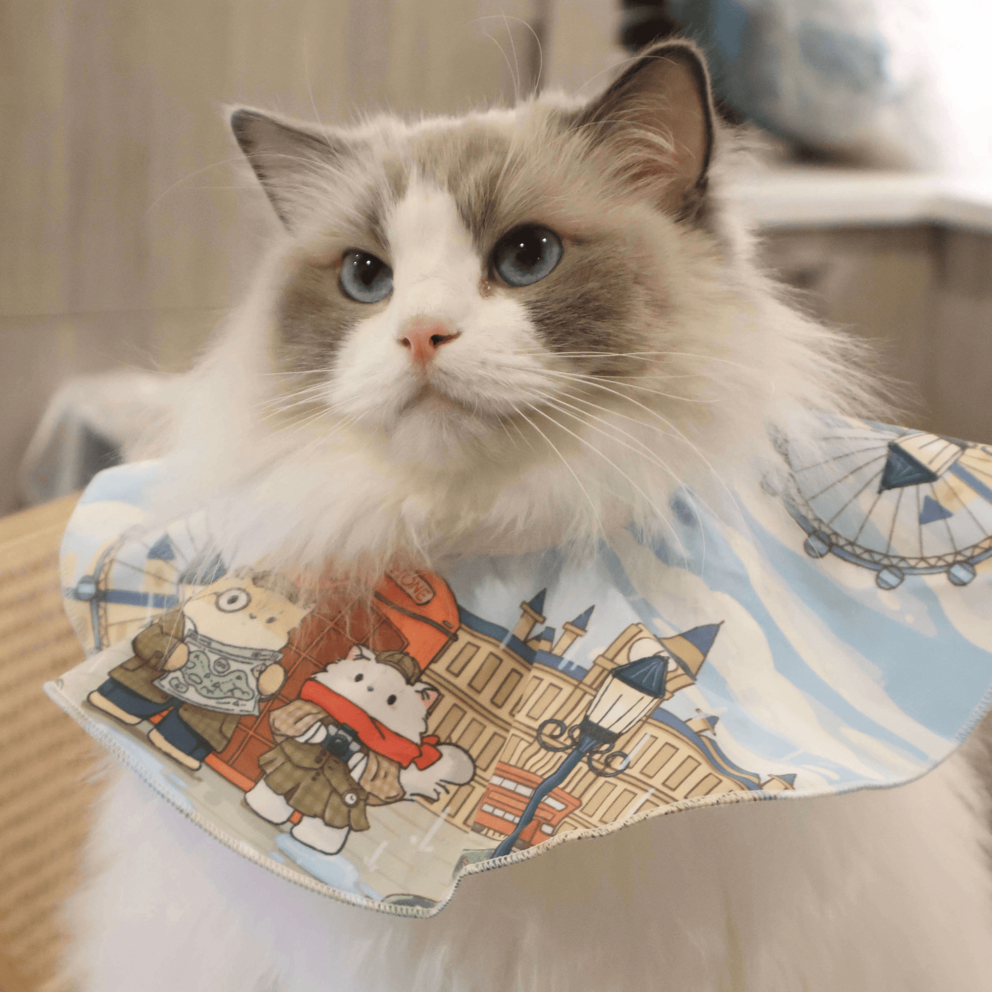 Our model is wearing English style pet bib.