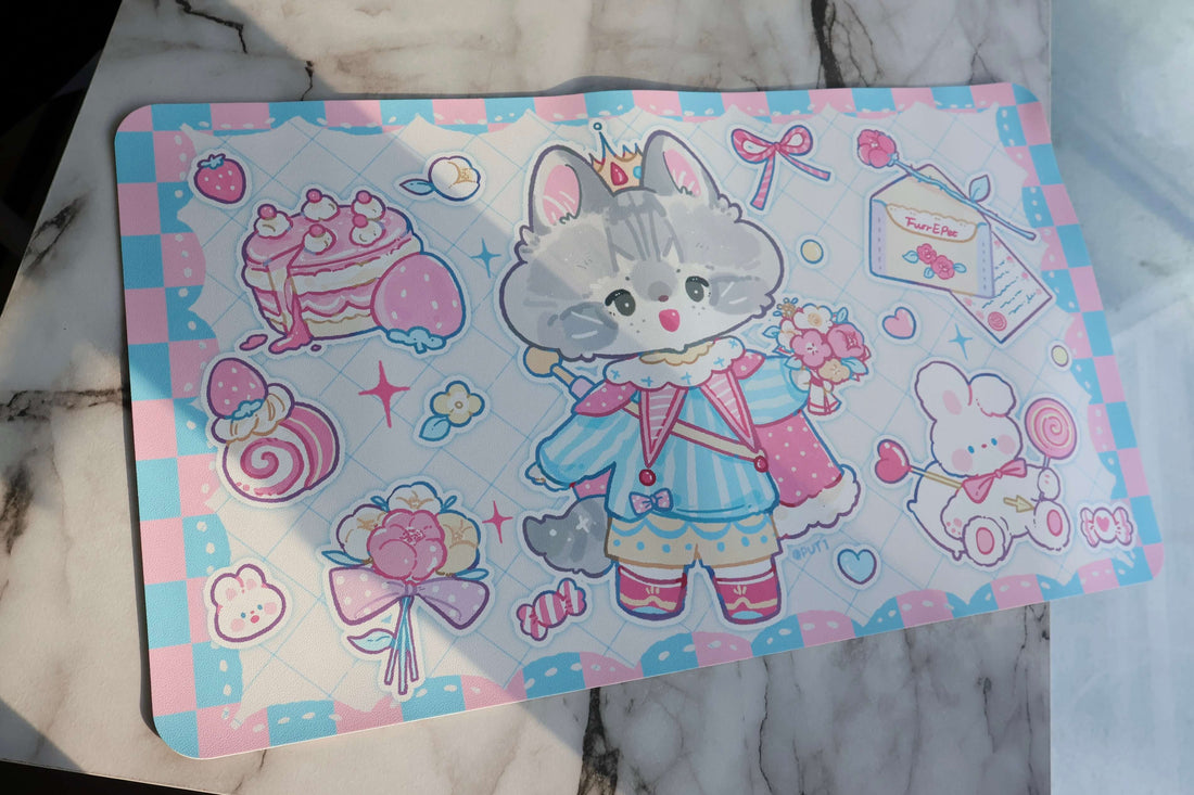 This reveals an up-close look at the details of our Valentine's pet food mat in blue.