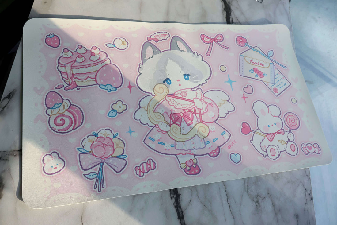 This reveals an up-close look at the details of our Valentine's pet food mat in pink.